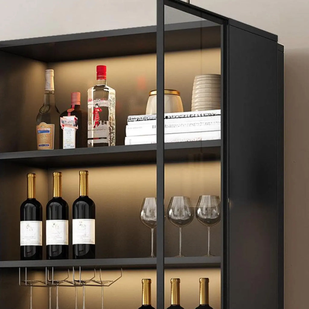 Freestanding Black Wood Glass Door Wine Rack Cabinet