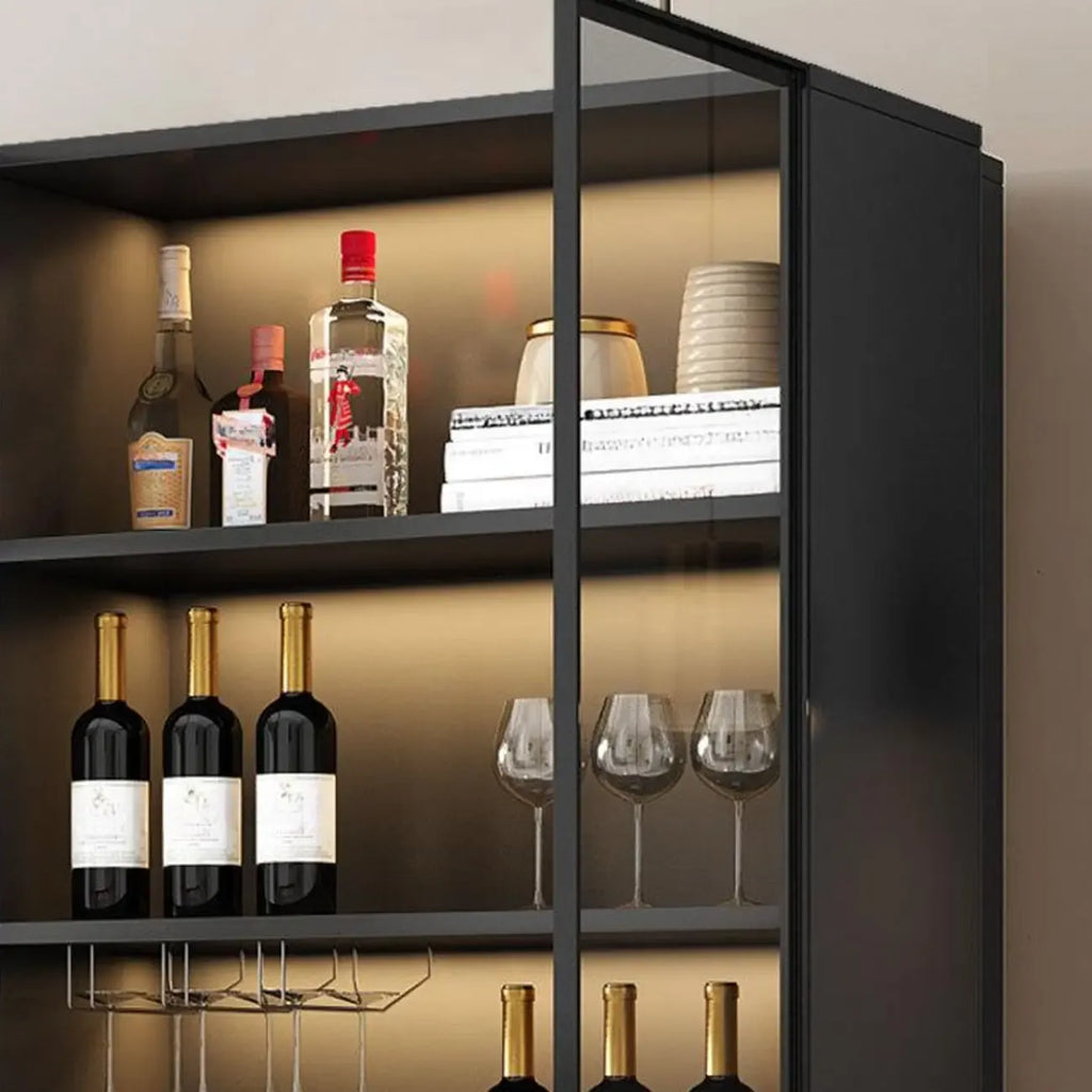 Freestanding Black Wood Glass Door Wine Rack Cabinet