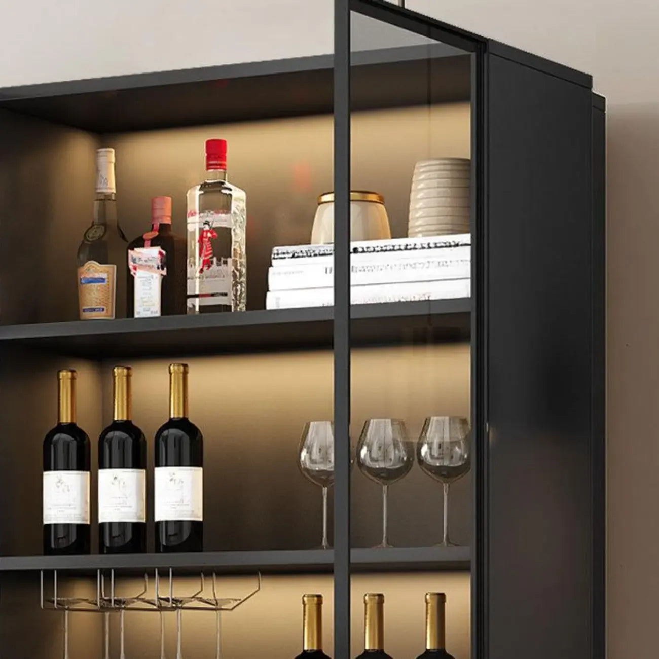 Freestanding Black Wood Glass Door Wine Rack Cabinet