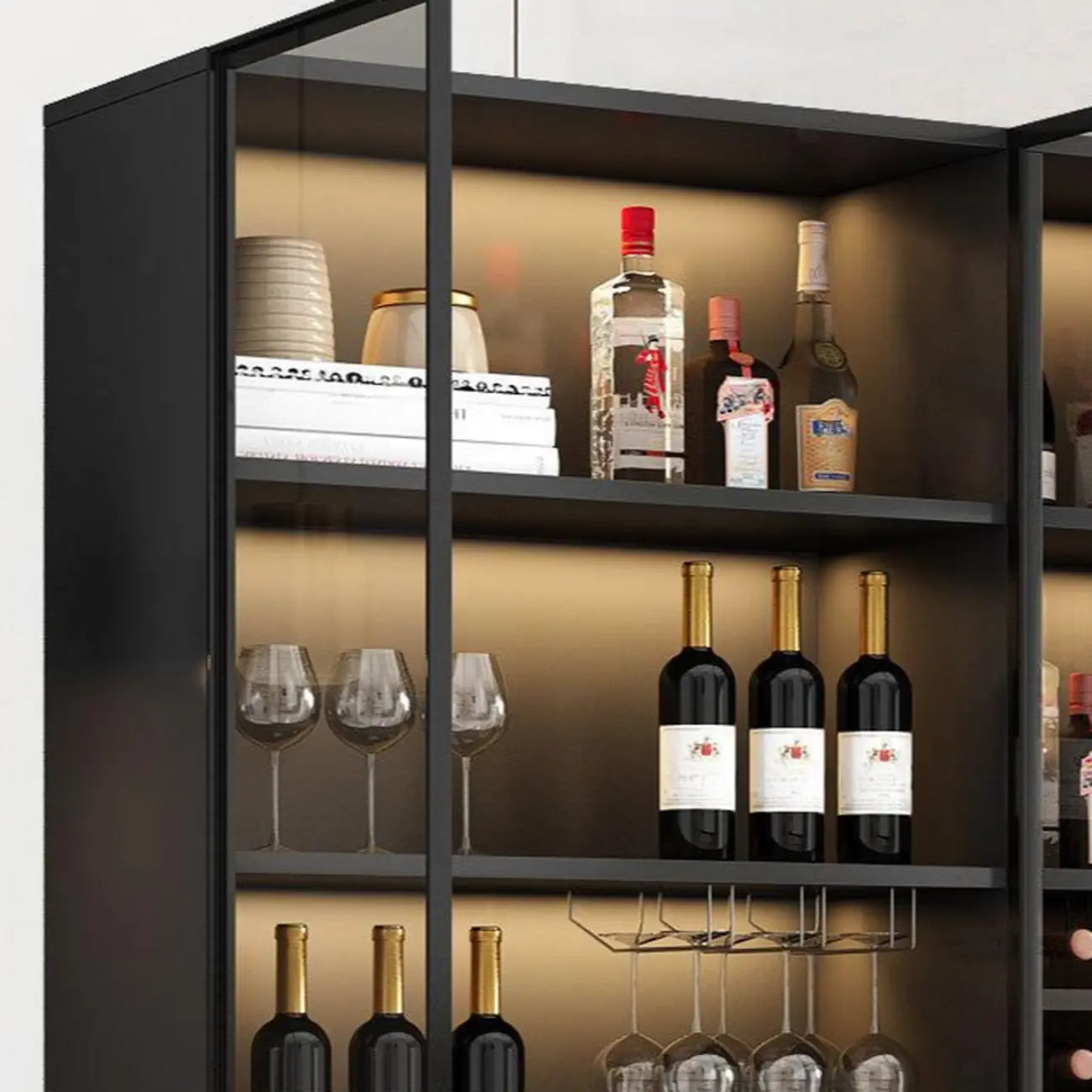 Freestanding Black Wood Glass Door Wine Rack Cabinet