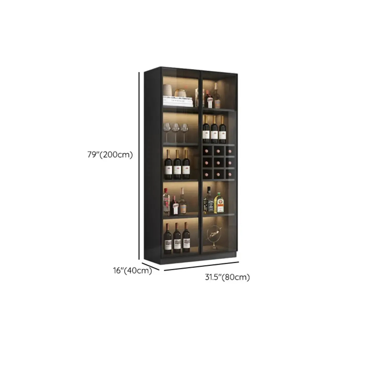Freestanding Black Wood Glass Door Wine Rack Cabinet