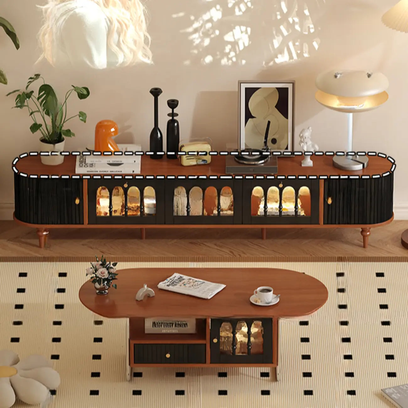 Warm Shaker Wood TV Stand with Cable Management & Light & 4-Cabinet/5 Cabinets/6 Cabinets