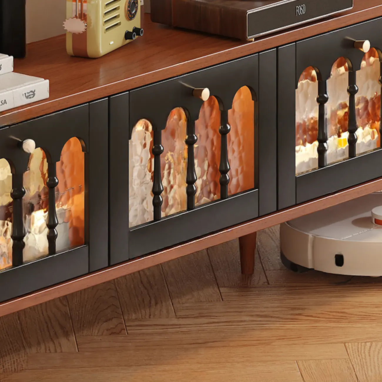 Warm Shaker Wood TV Stand with Cable Management & Light & 4-Cabinet/5 Cabinets/6 Cabinets