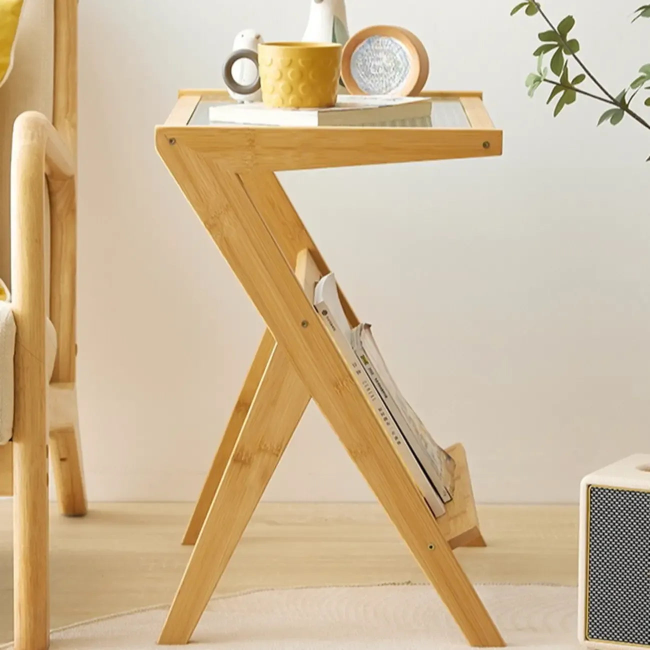 Glass and Wood Modern Foldable End Table with Rack