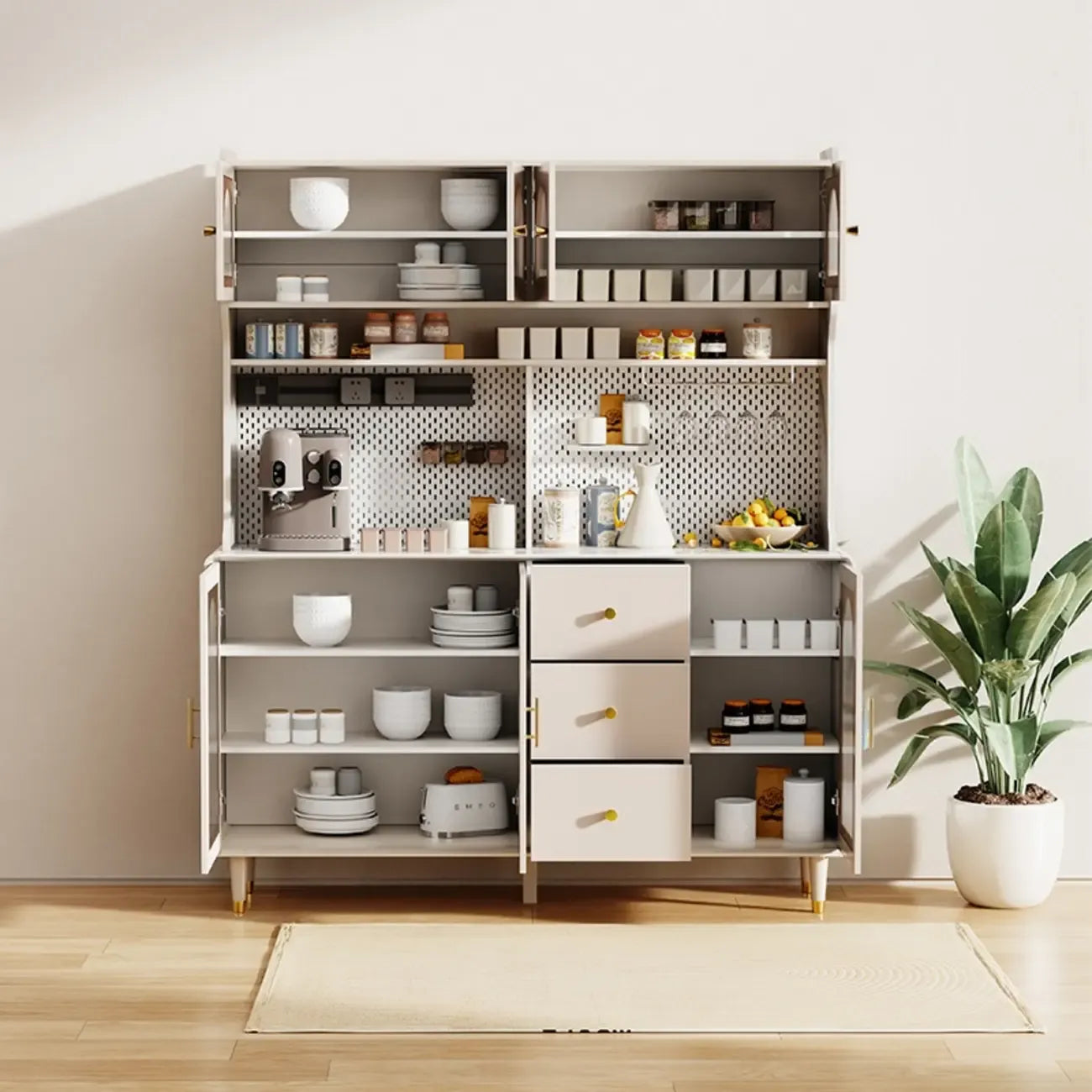 Multi-Functional White Wood Arched Glass Door Sideboard Cabinet