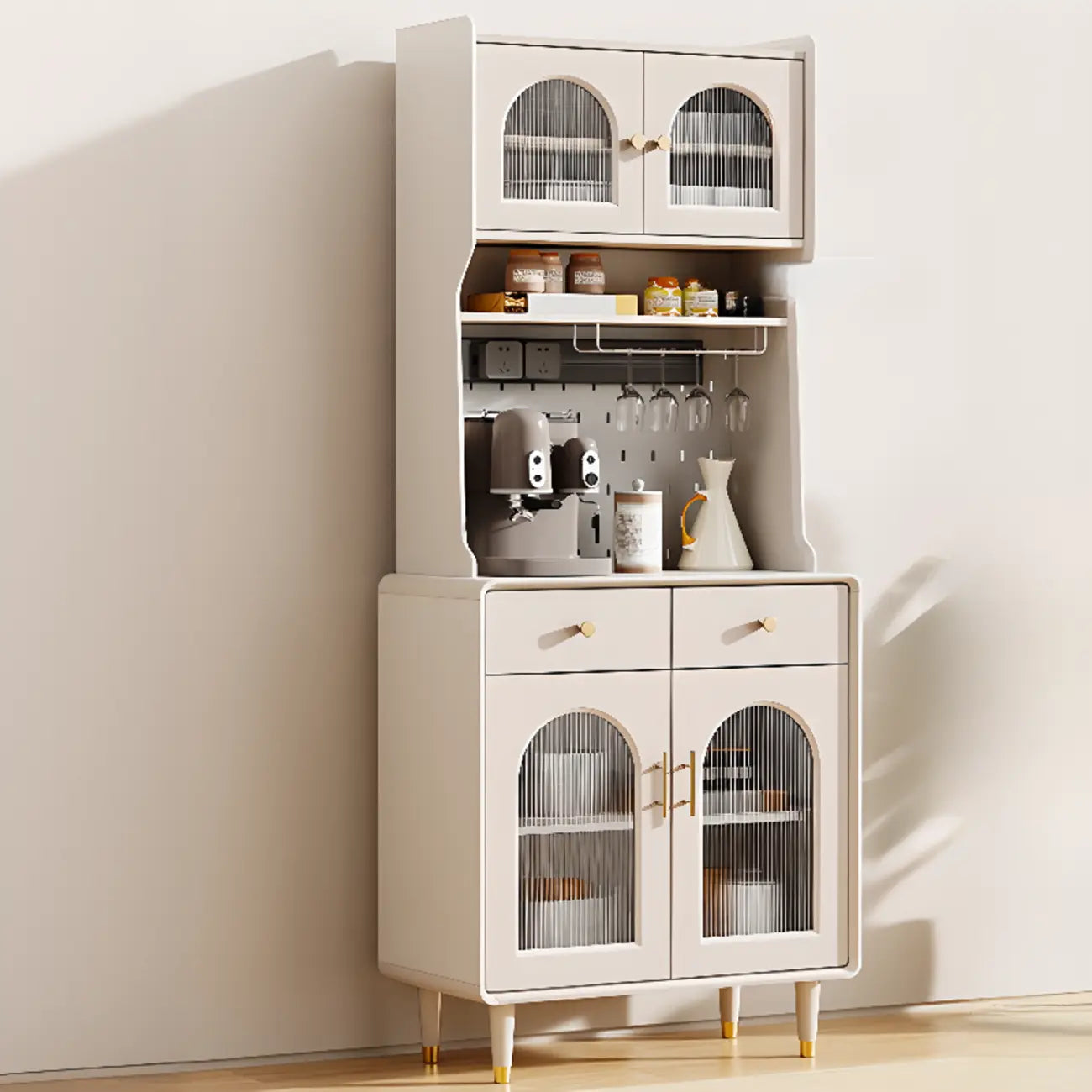 Multi-Functional White Wood Arched Glass Door Sideboard Cabinet