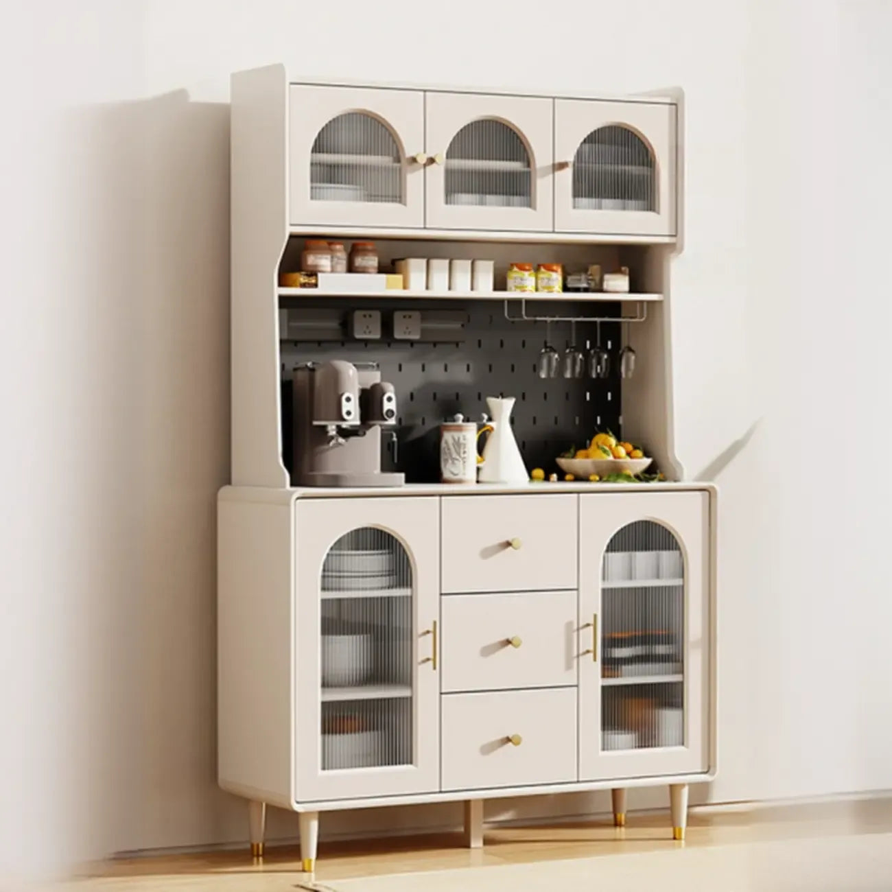 Multi-Functional White Wood Arched Glass Door Sideboard Cabinet