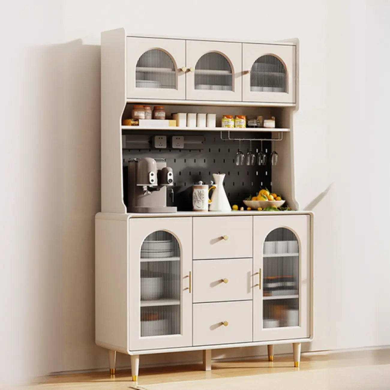 Multi-Functional White Wood Arched Glass Door Sideboard Cabinet
