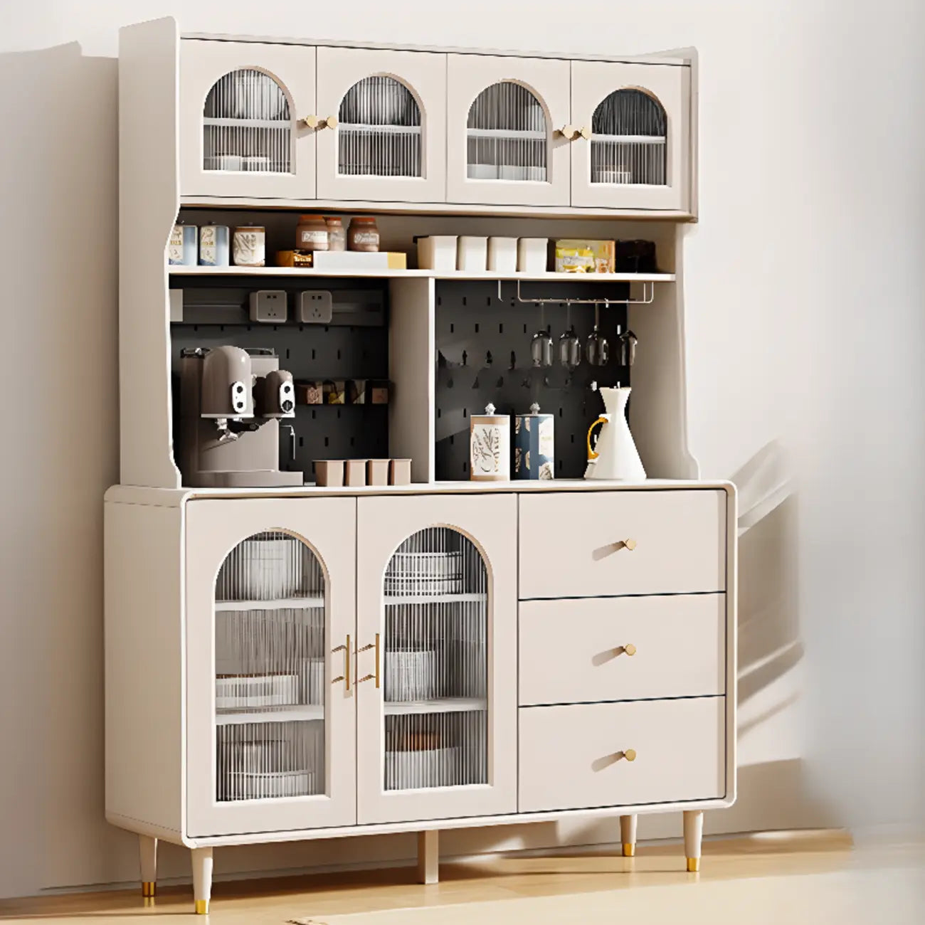 Multi-Functional White Wood Arched Glass Door Sideboard Cabinet