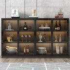 Large 3 Shelves Glass Wood Black Sideboard with LED Light