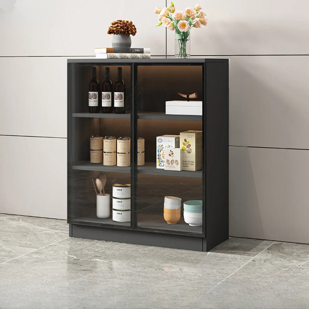 Large 3 Shelves Glass Wood Black Sideboard with LED Light