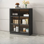 Large 3 Shelves Glass Wood Black Sideboard with LED Light