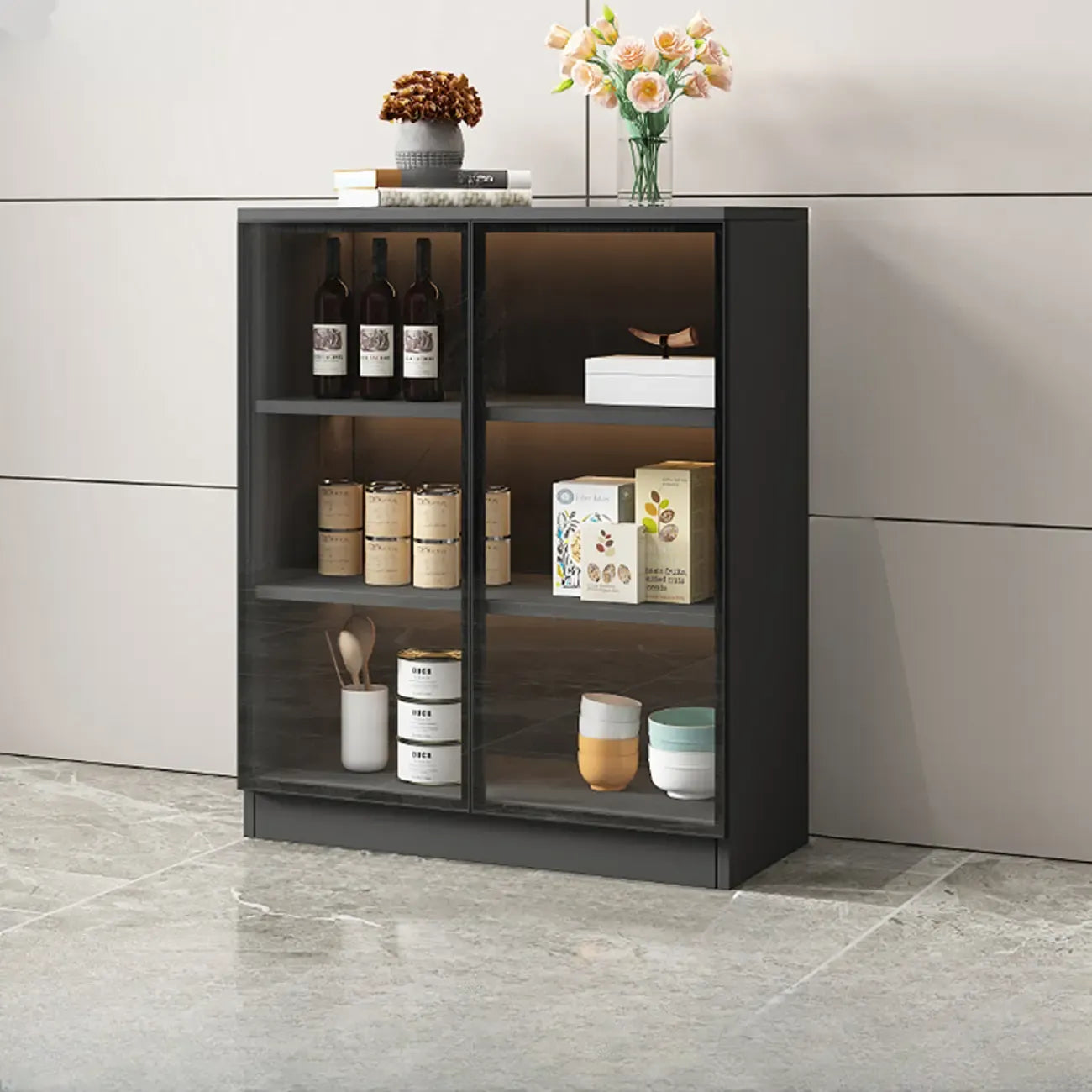 Large 3 Shelves Glass Wood Black Sideboard with LED Light