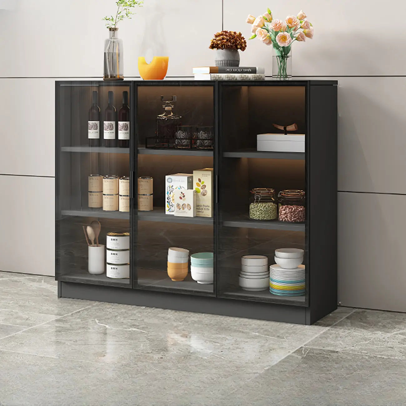 Large 3 Shelves Glass Wood Black Sideboard with LED Light