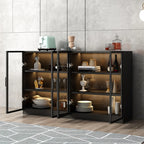 Large 3 Shelves Glass Wood Black Sideboard with LED Light