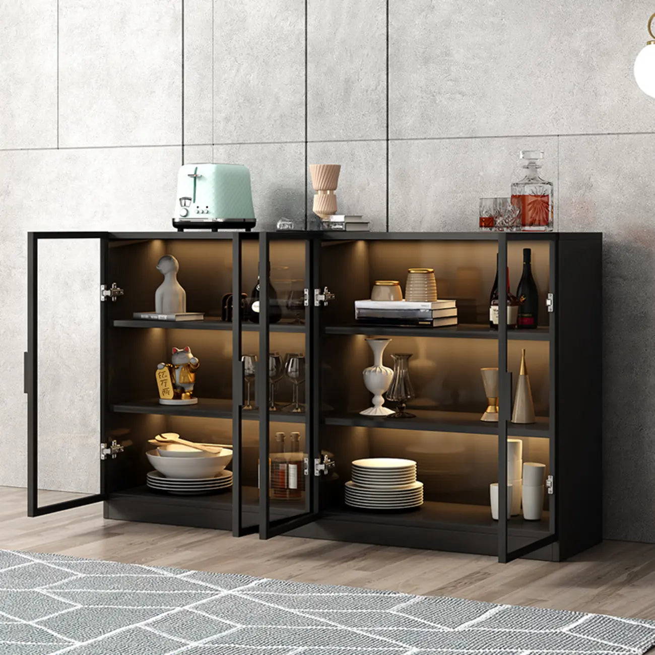 Large 3 Shelves Glass Wood Black Sideboard with LED Light