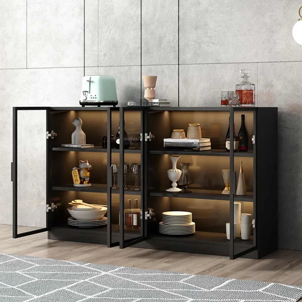 Large 3 Shelves Glass Wood Black Sideboard with LED Light