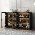 Large 3 Shelves Glass Wood Black Sideboard with LED Light