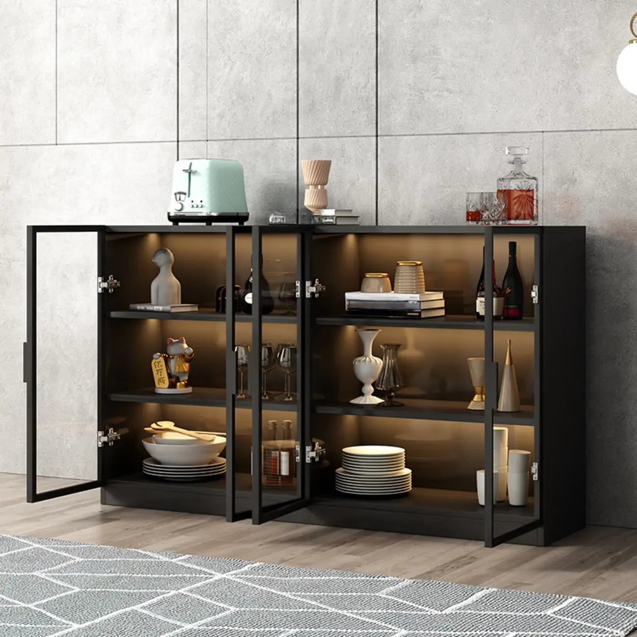 Large 3 Shelves Glass Wood Black Sideboard with LED Light