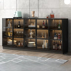 Large 3 Shelves Glass Wood Black Sideboard with LED Light