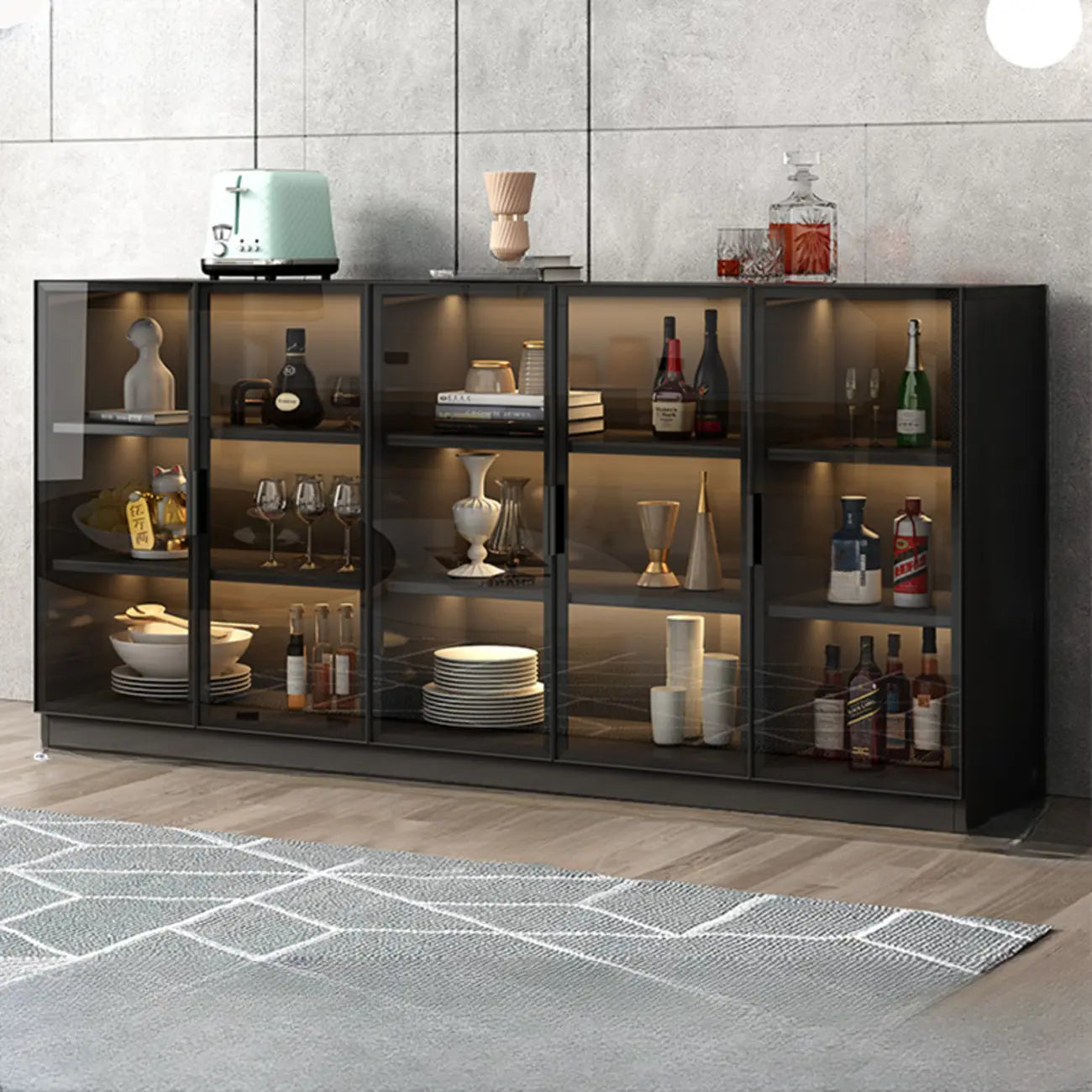 Large 3 Shelves Glass Wood Black Sideboard with LED Light