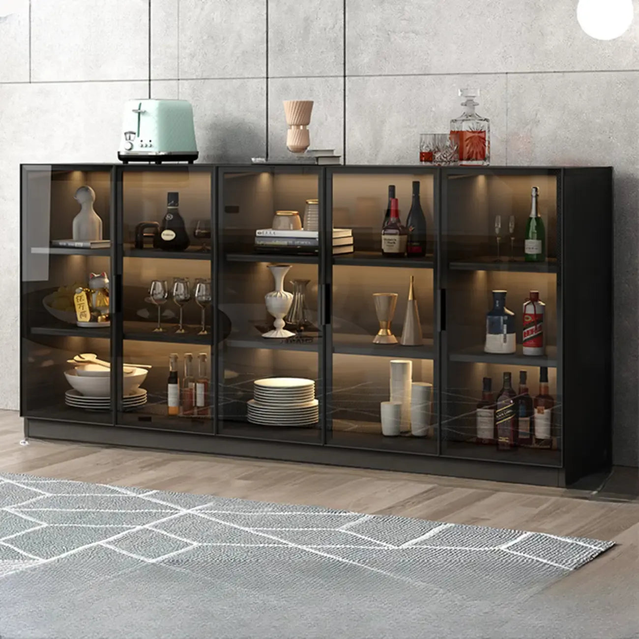 Large 3 Shelves Glass Wood Black Sideboard with LED Light