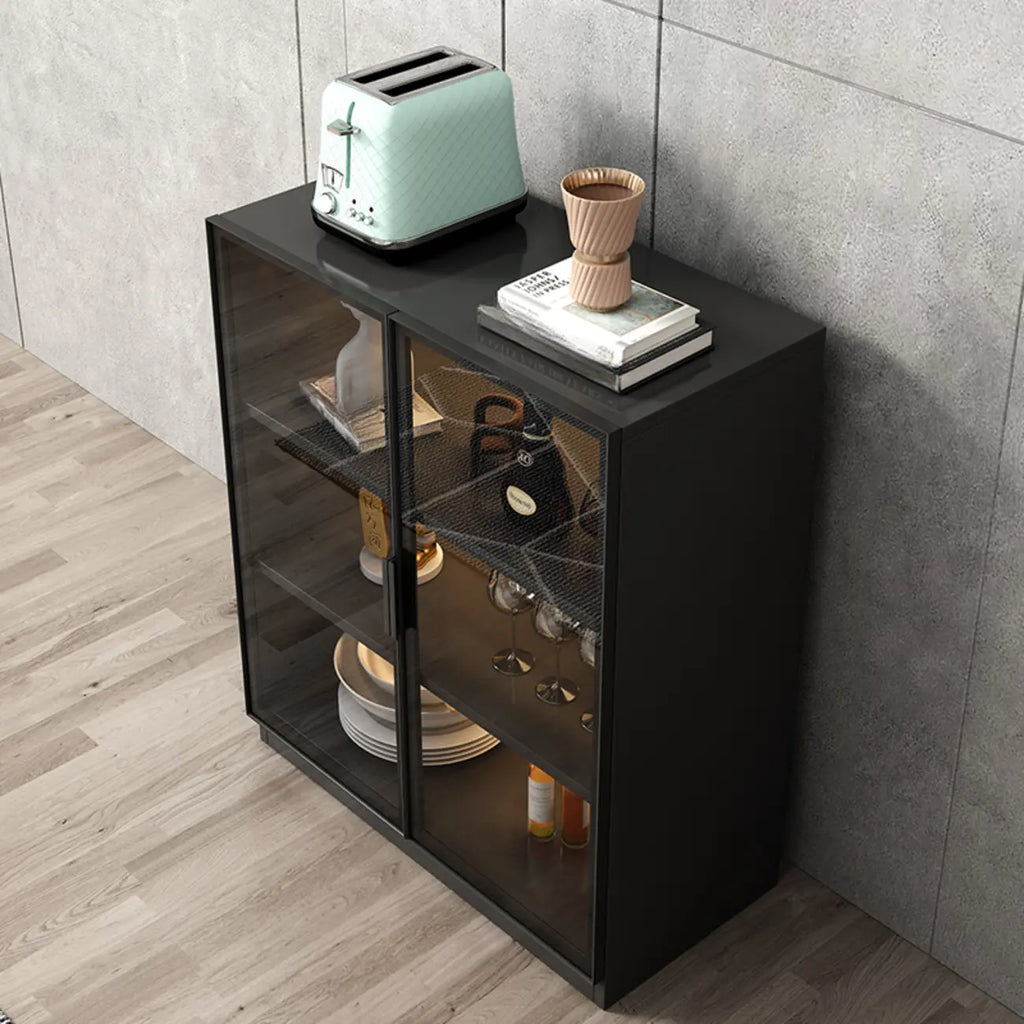 Large 3 Shelves Glass Wood Black Sideboard with LED Light