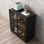 Large 3 Shelves Glass Wood Black Sideboard with LED Light