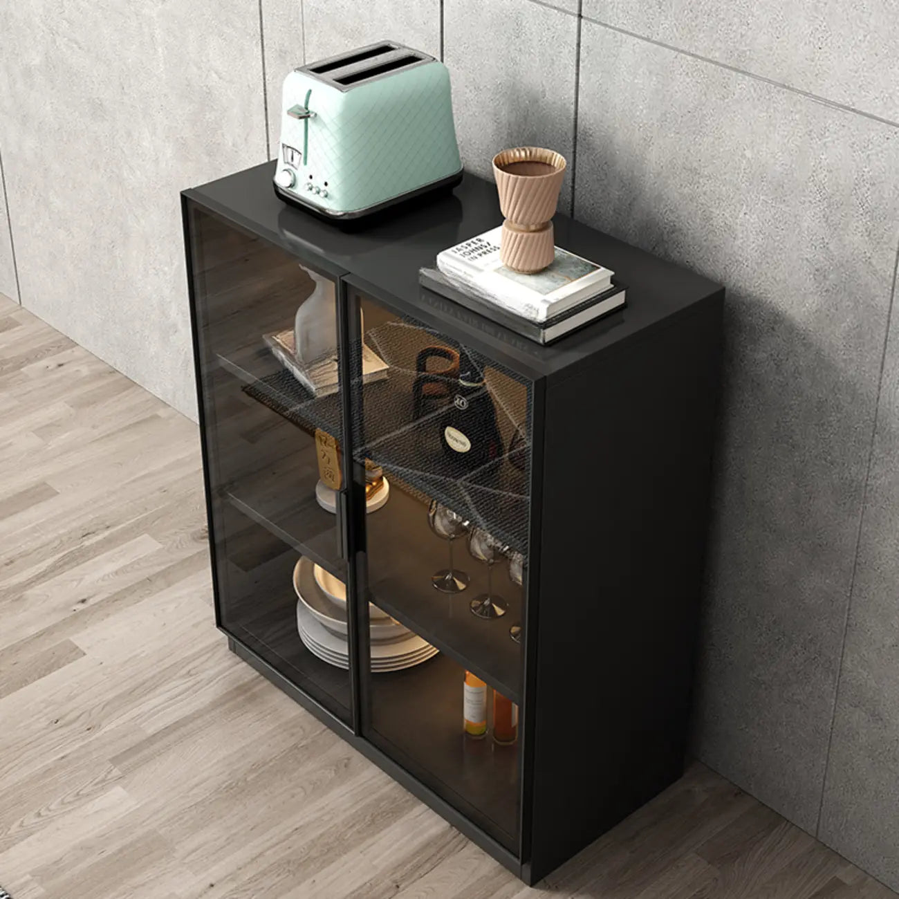 Large 3 Shelves Glass Wood Black Sideboard with LED Light