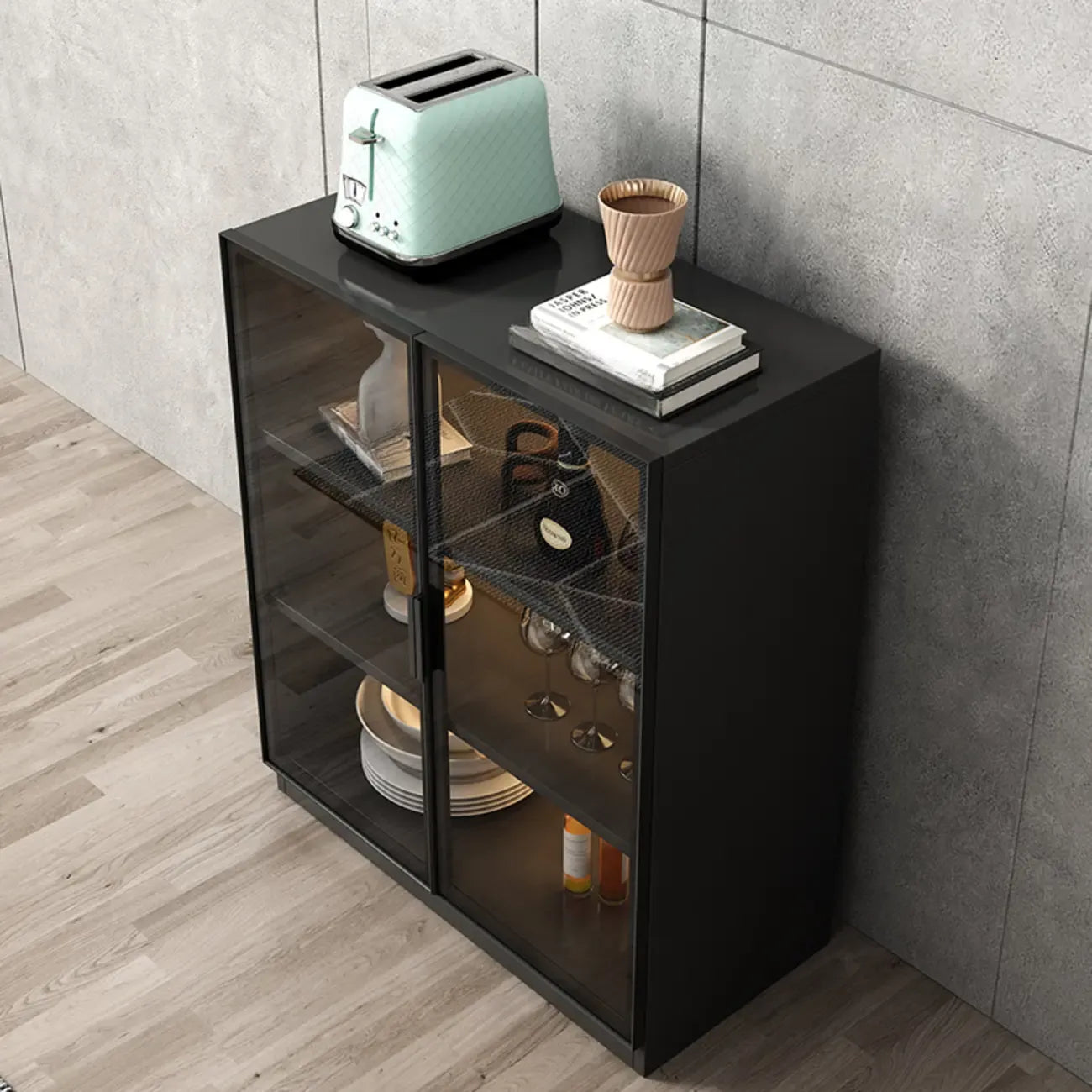 Large 3 Shelves Glass Wood Black Sideboard with LED Light