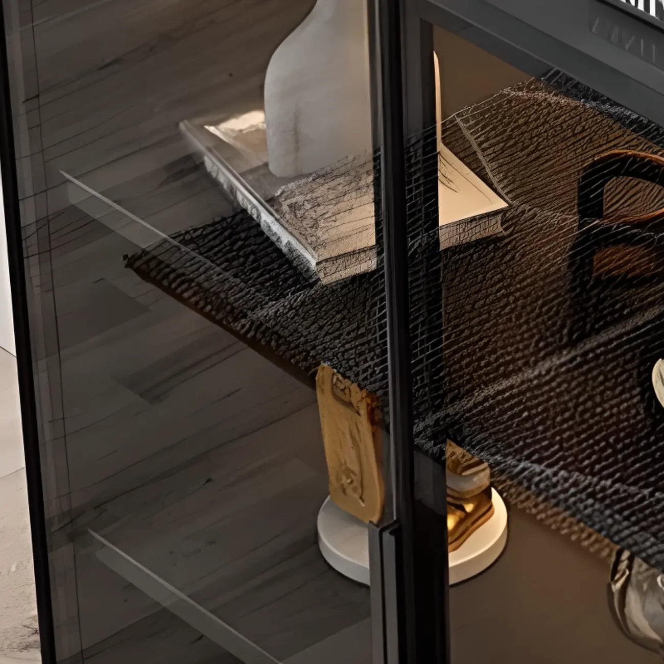 Large 3 Shelves Glass Wood Black Sideboard with LED Light