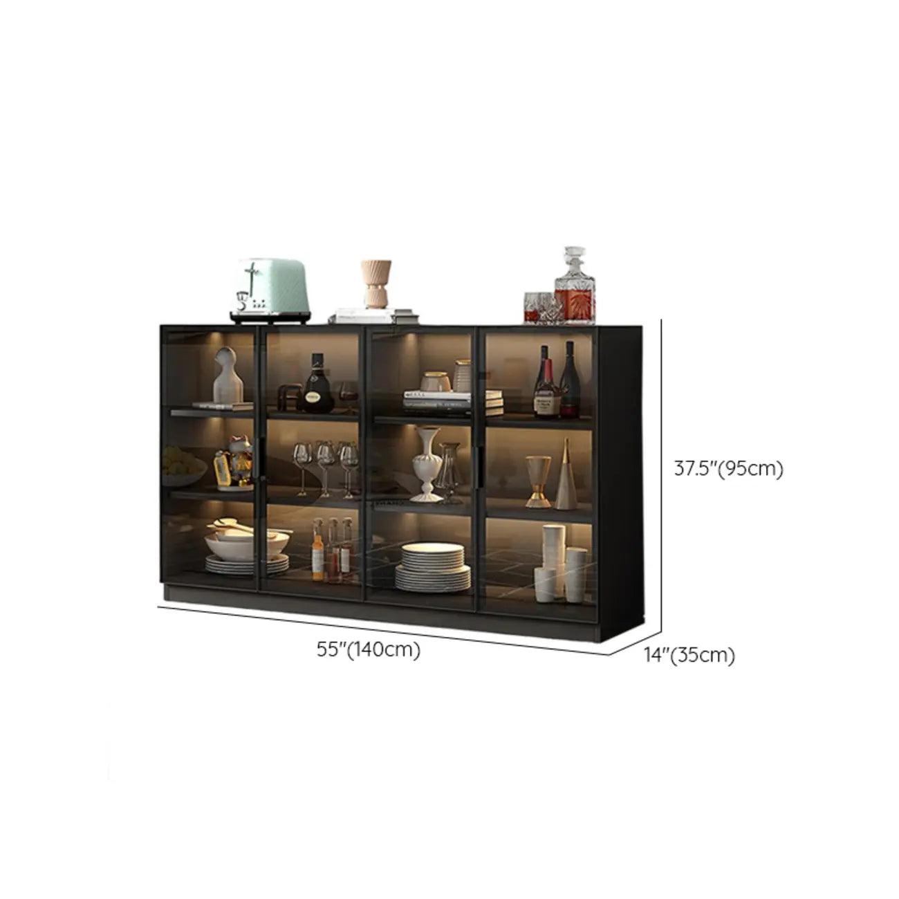 Large 3 Shelves Glass Wood Black Sideboard with LED Light