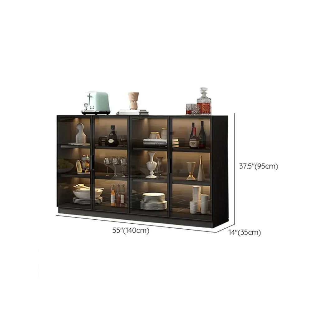 Large 3 Shelves Glass Wood Black Sideboard with LED Light