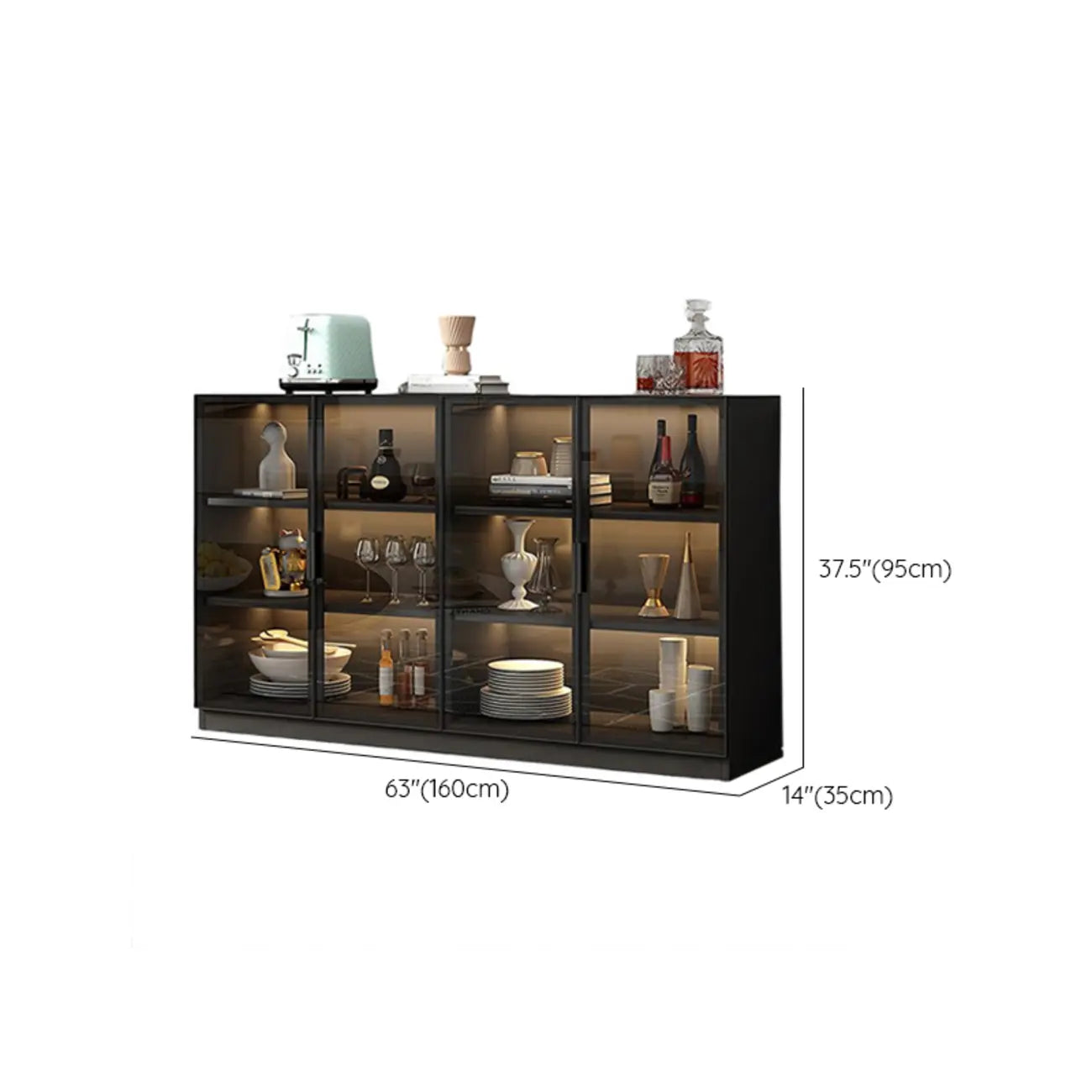 Large 3 Shelves Glass Wood Black Sideboard with LED Light