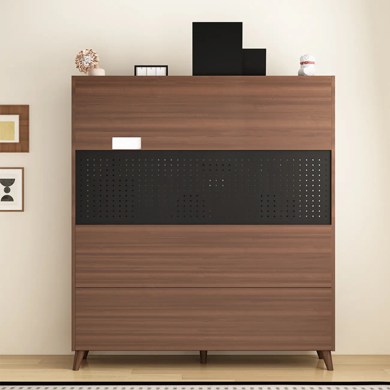 Wide Brown Wooden Pegboard Back Sideboard with Hutch