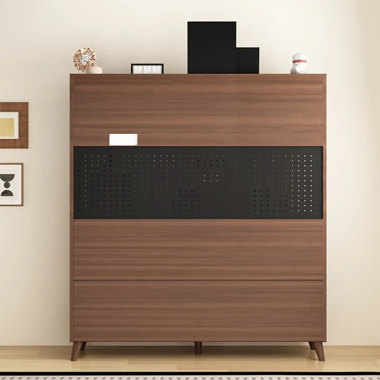 Wide Brown Wooden Pegboard Back Sideboard with Hutch