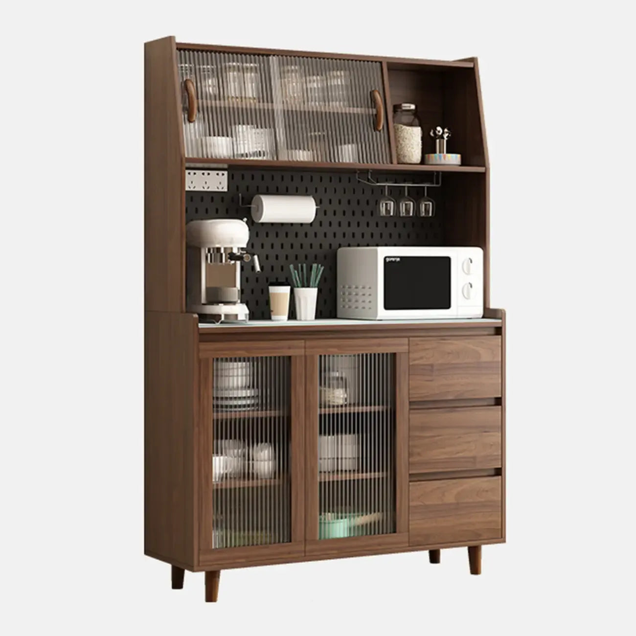 Wide Brown Wooden Pegboard Back Sideboard with Hutch