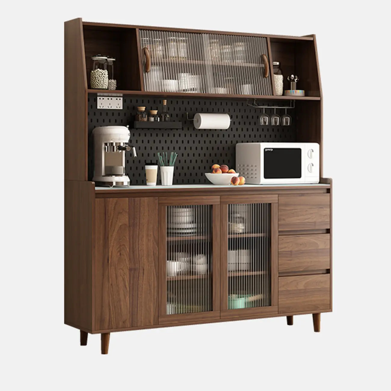 Wide Brown Wooden Pegboard Back Sideboard with Hutch