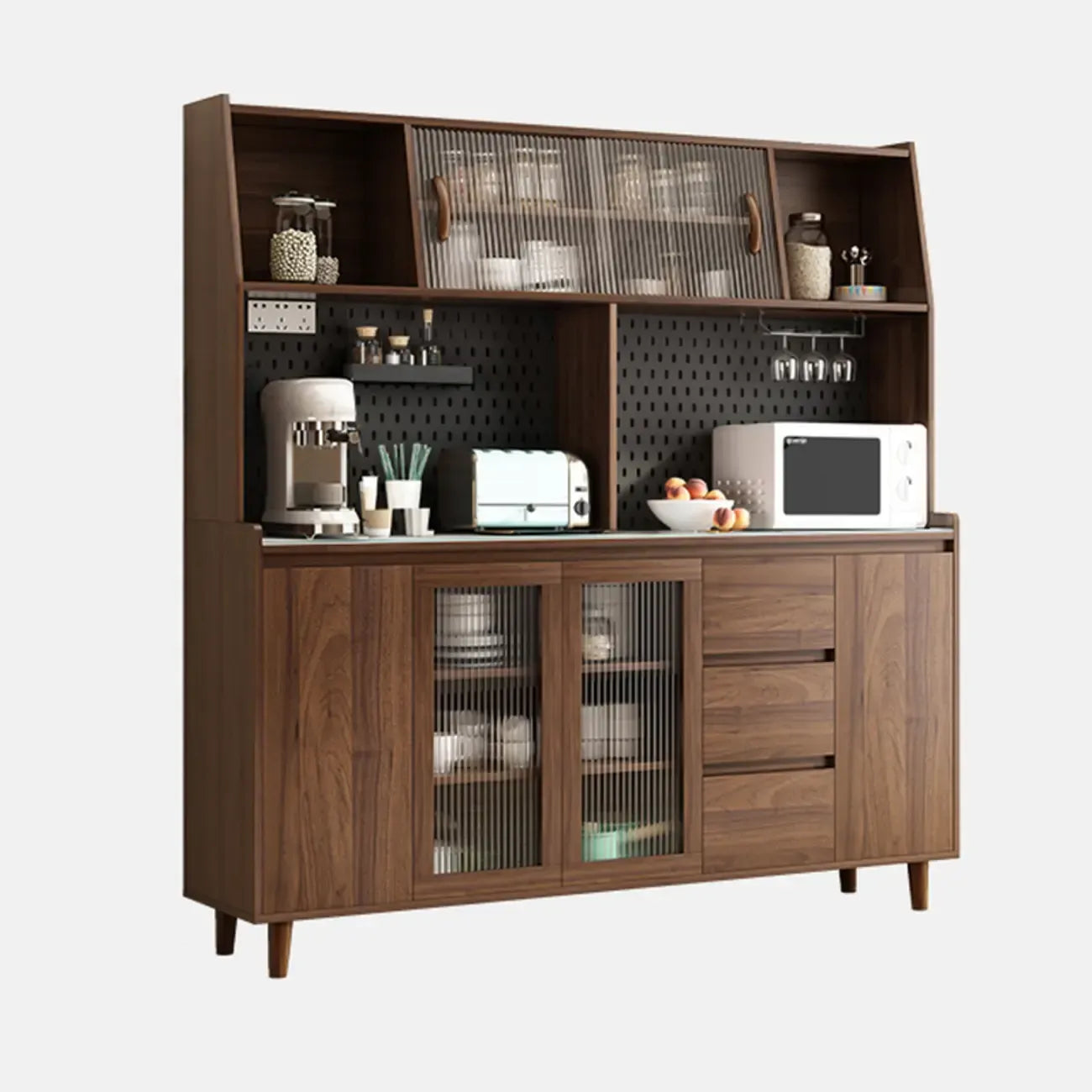 Wide Brown Wooden Pegboard Back Sideboard with Hutch