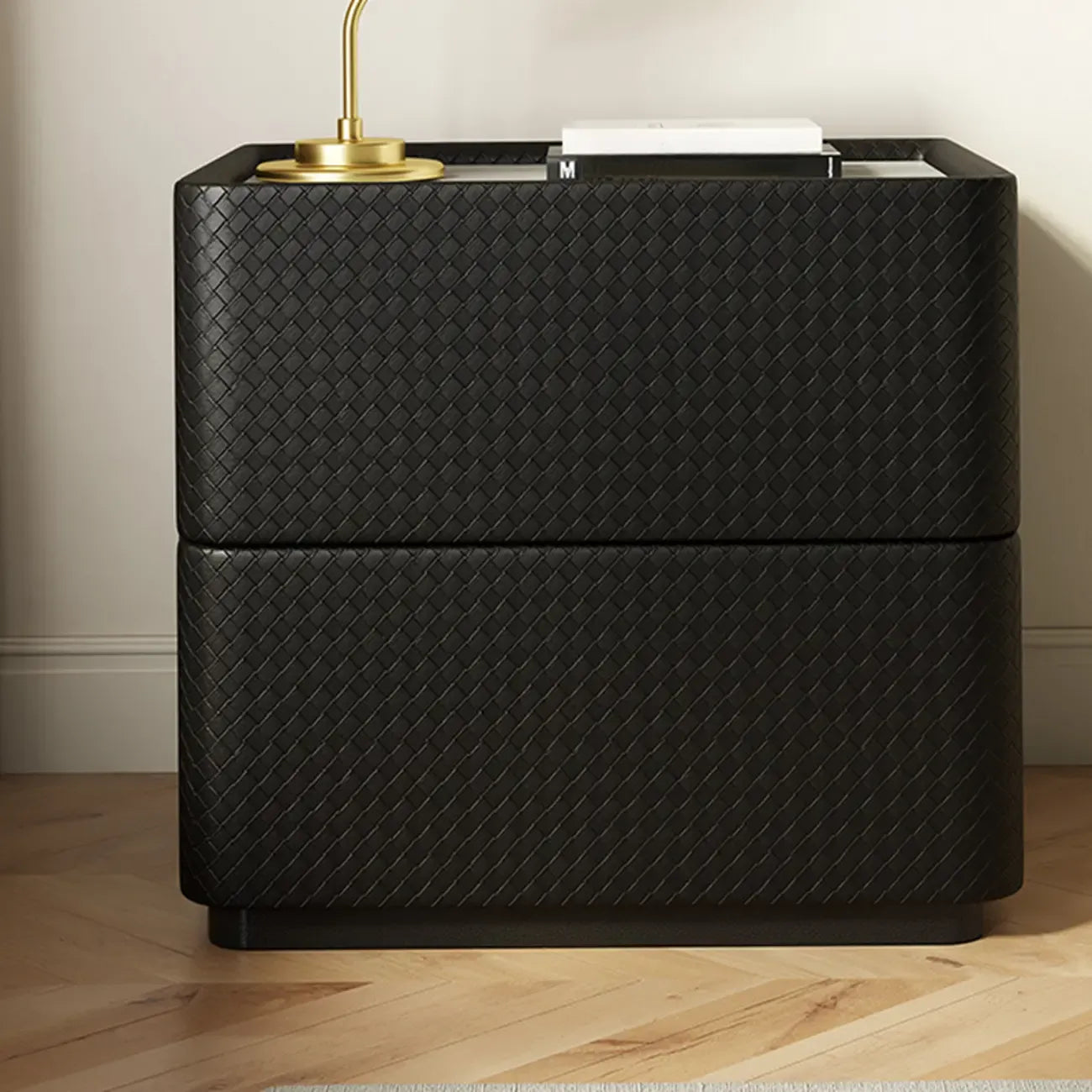 Minimalist Grid Pattern 2 Layer Wooden Nightstand for Bedroom