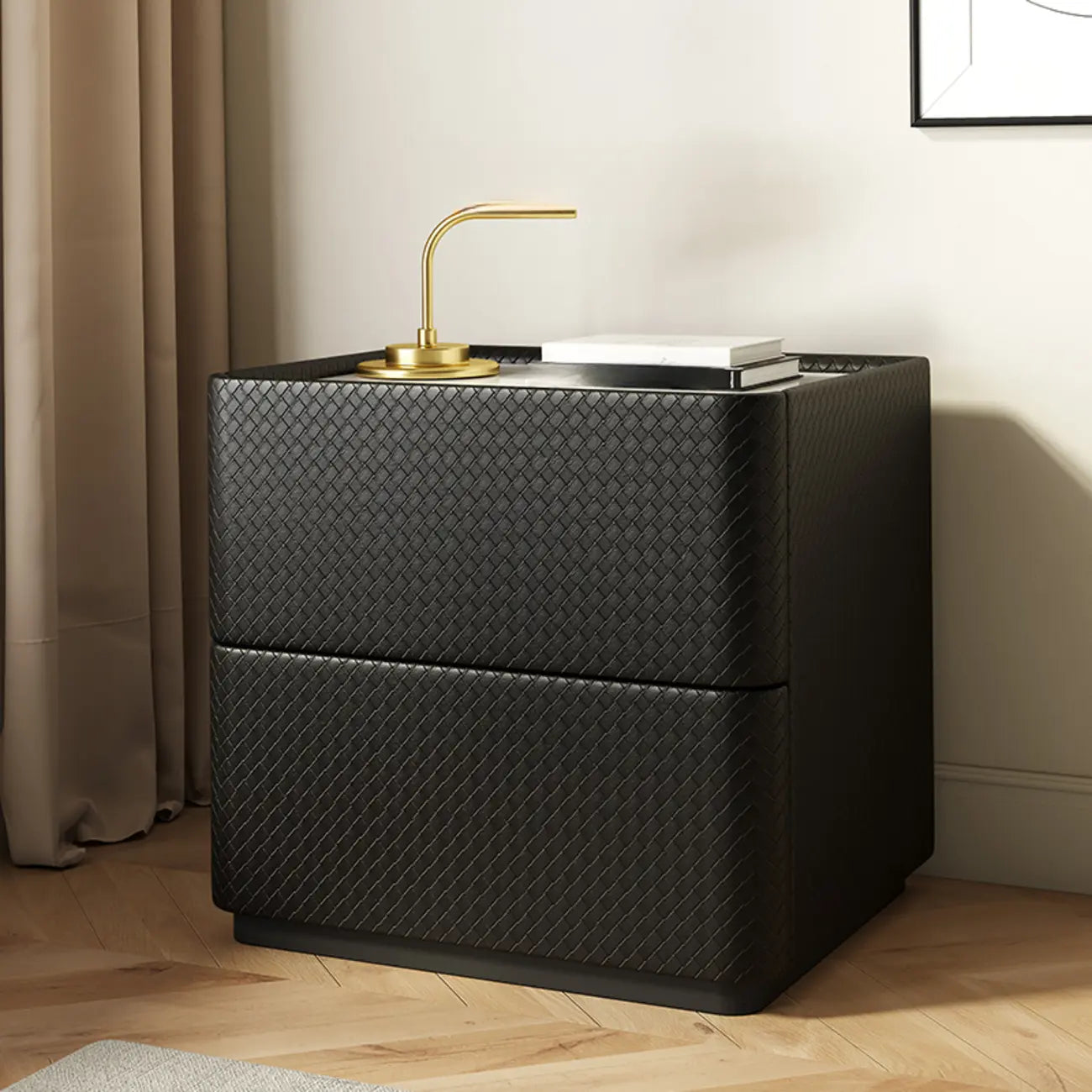 Minimalist Grid Pattern 2 Layer Wooden Nightstand for Bedroom