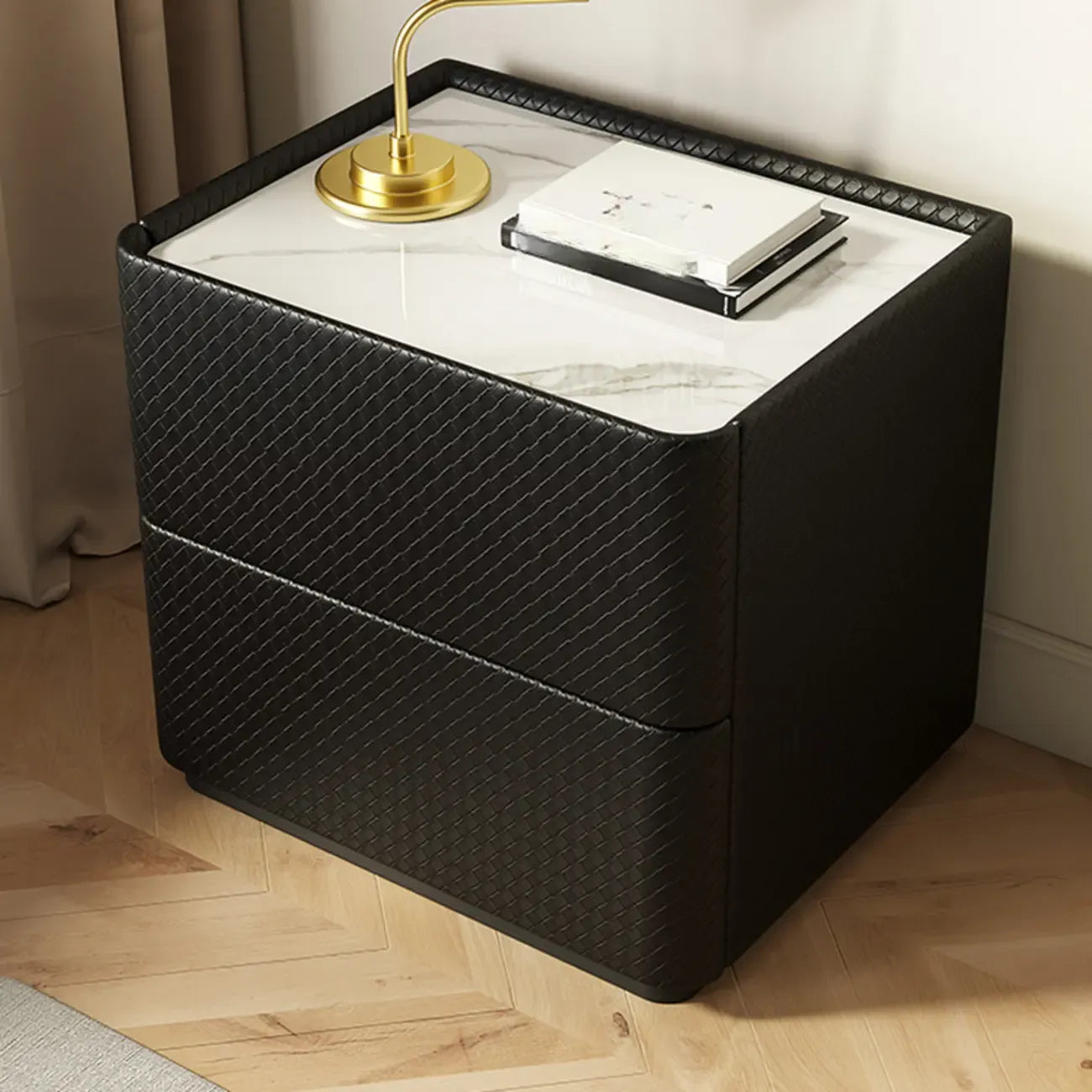 Minimalist Grid Pattern 2 Layer Wooden Nightstand for Bedroom