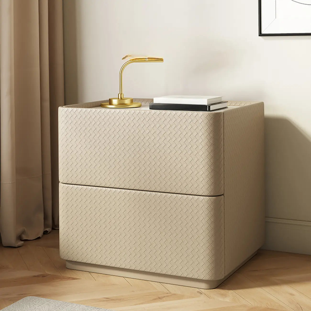 Minimalist Grid Pattern 2 Layer Wooden Nightstand for Bedroom