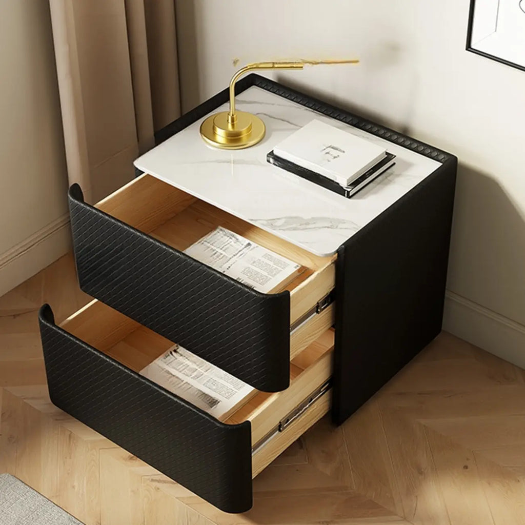 Minimalist Grid Pattern 2 Layer Wooden Nightstand for Bedroom