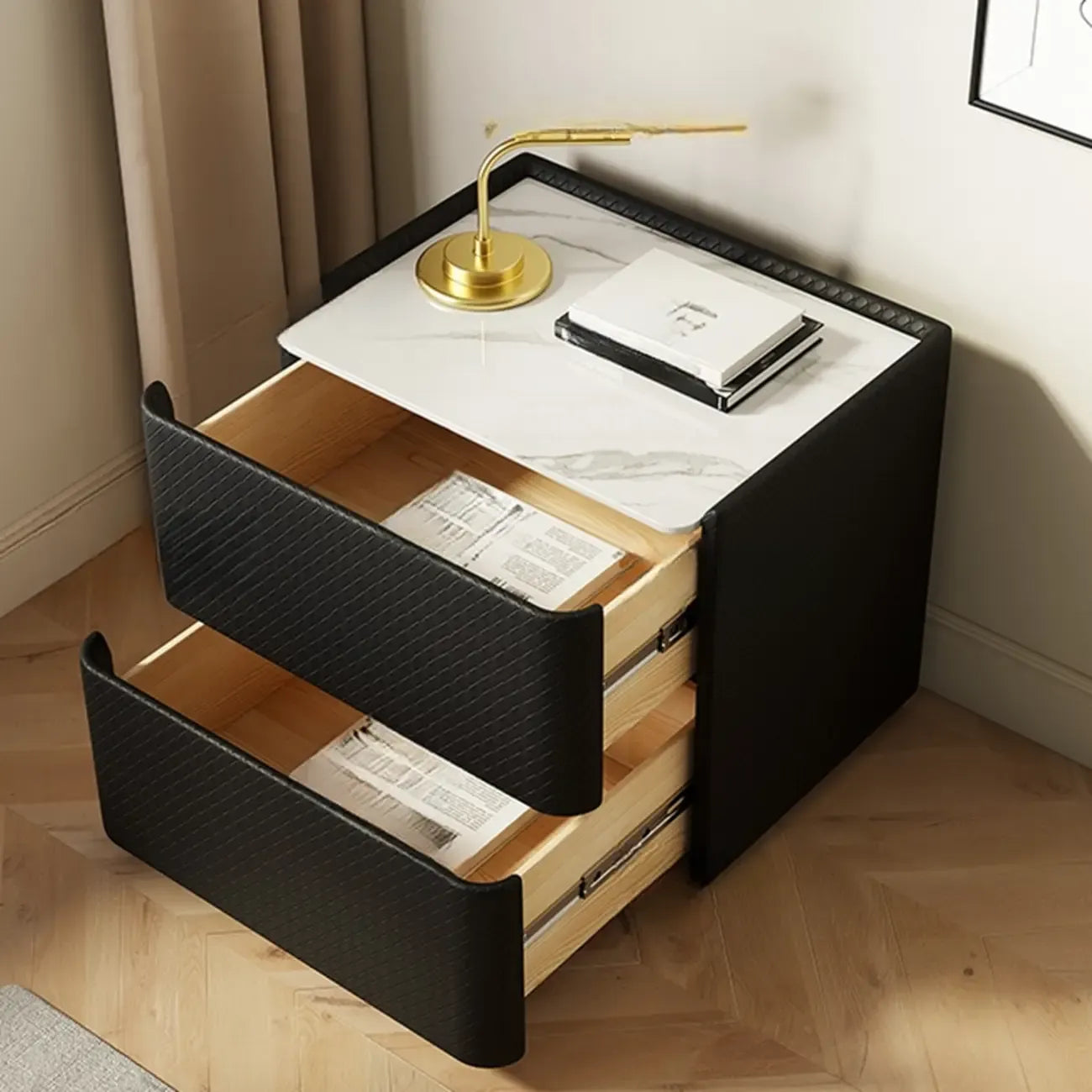 Minimalist Grid Pattern 2 Layer Wooden Nightstand for Bedroom
