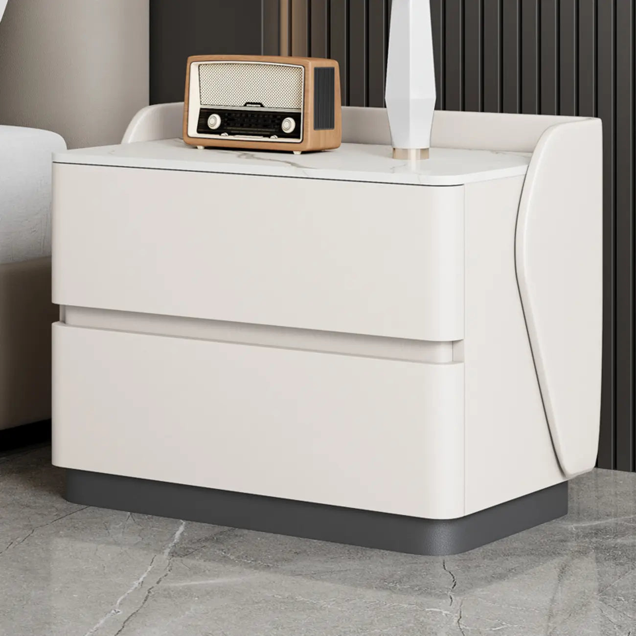 Art Deco Stone Top Nightstand with 2 Storage Drawers