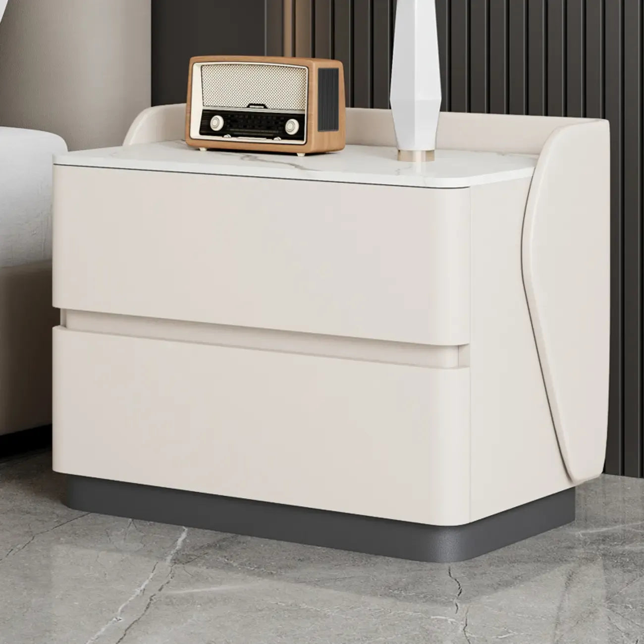 Art Deco Stone Top Nightstand with 2 Storage Drawers