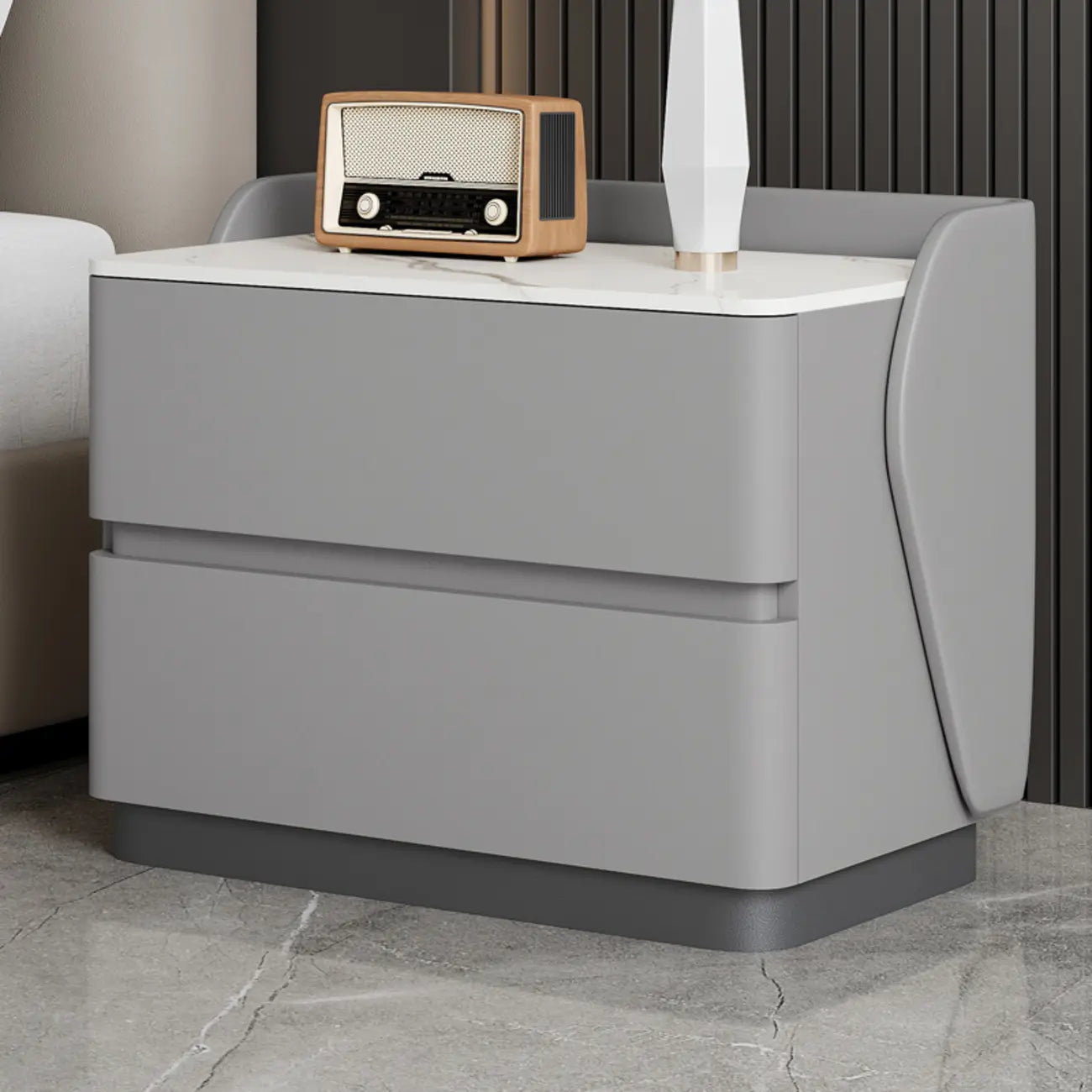 Art Deco Stone Top Nightstand with 2 Storage Drawers