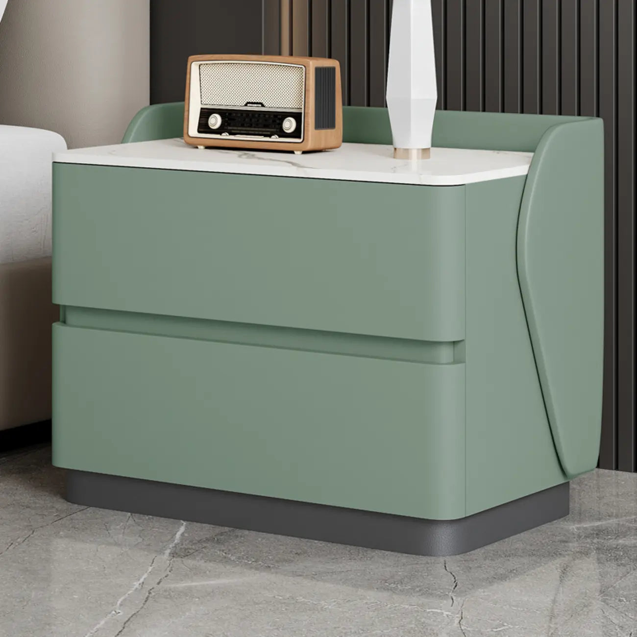 Art Deco Stone Top Nightstand with 2 Storage Drawers