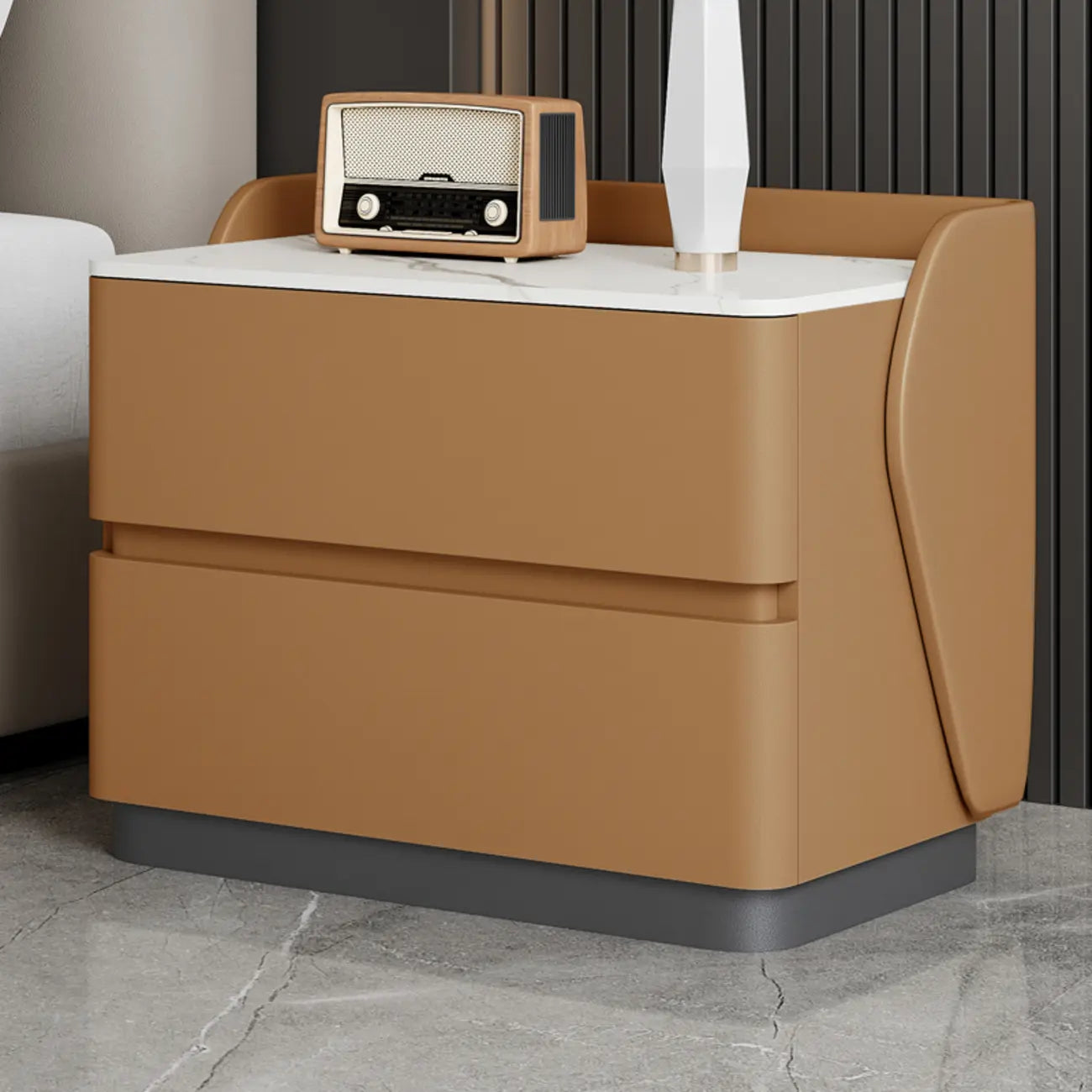 Art Deco Stone Top Nightstand with 2 Storage Drawers